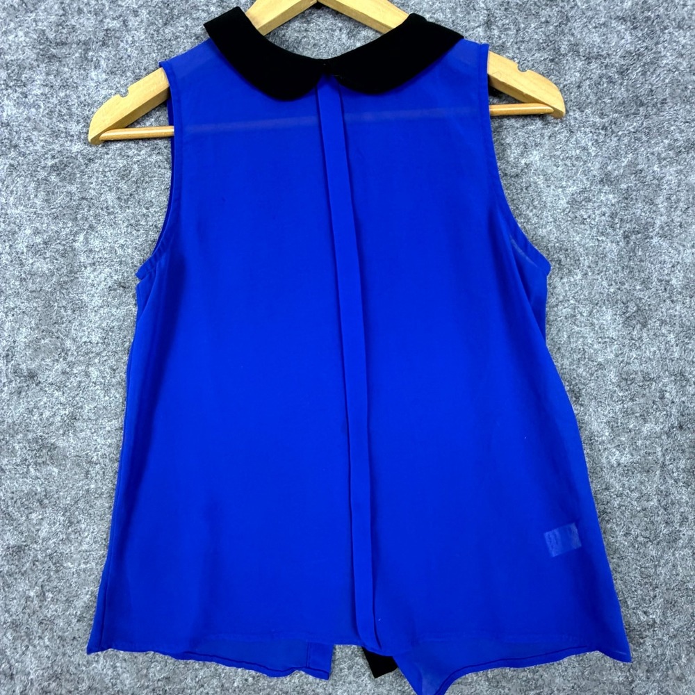 Phanuel Blouse Womens Small Blue Sheer Peter Pan Collar Sleeveless Office Chic